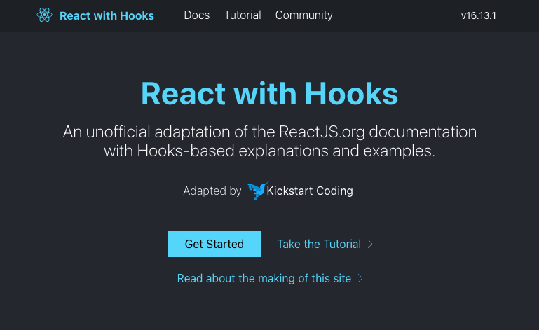 the React with Hooks landing page